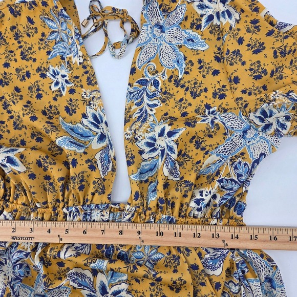 Free People Soli Plunge Neck Yellow Floral Long Sleeve Mini Dress Pockets Size L - Picture 5 of 12